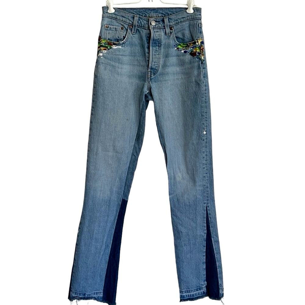 Custom Reworked Levi's 501 Split-Hem Flare Paint Splatter Jeans Size 25